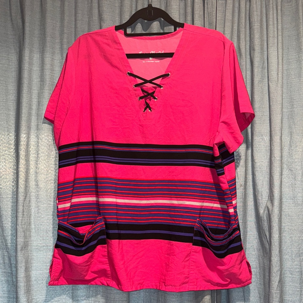 Vibrant Pink Striped Women's Scrub Top with Lace-Up Detail